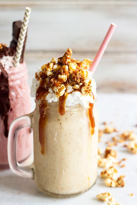 Freakshake - Decadent Vegan Milkshake, Two Ways - Sprinkle of Green Vegan Milkshake, Popcorn Dessert, Freakshakes Recipe, Chocolate Fudge Sauce, Banana Caramel, Butter Caramel, Chilled Desserts, Milkshake Recipe, Vegan Drinks