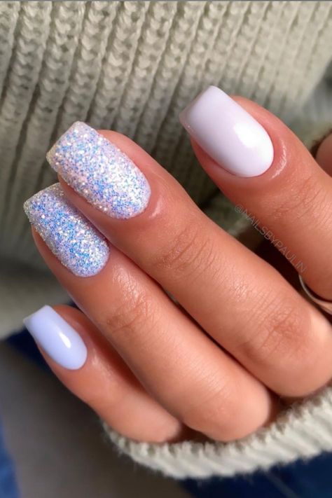 White Nails With Color Glitter, Short White Diamond Nails, Gel Mani Short Nails White, Hoco Nails White Glitter, White Dip Powder Nails With Rhinestones, Prom Acrylics Short, White Purple Acrylic Nails, Nails White And Sparkle, Cute Glitter Nail Designs