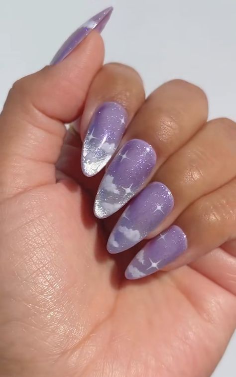 Pretty Almond Nails Purple, Birthday Aesthetic Nails, Short Almond Nails Lavender, Elegant Lavender Nails, Purple Sky Nails, Purple Chrome Nails Almond, Nails Almond Shape Purple, Dark Purple Nails Aesthetic, Purple Nail Inspo Acrylic Short Almond