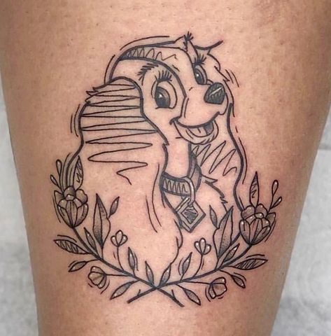 Lady And Tramp Tattoo, Traditional Style Disney Tattoo, Lady And The Tramp Tattoo, Disney Tattoos Lady And The Tramp, Lady And The Tramp Drawing, Disney Dogs Tattoo, Lady From Lady And The Tramp Drawing, Lady And The Tramp Silhouette, Est Tattoos