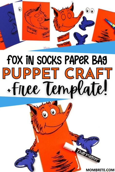 Fox In Socks Craft For Toddlers, Dr Seuss Socks, Paper Bag Puppet Craft, Puppet Template, Spring Stem, Fox In Socks, Bag Puppet, Stem Activities Preschool, Puppet Craft