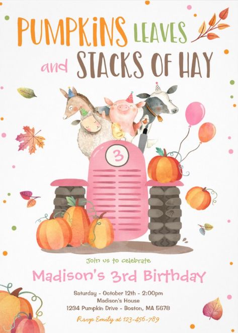 Pumpkin farm animals birthday invitations. Girls' birthday party invites with cute farm animals and fall pumpkins theme. afflink Tractor Pumpkin, Farm Birthday Party Invitations, Pumpkin Birthday Party, Fall Birthday Party, Pink Tractor, Tractor Birthday Party, Pumpkin Birthday Parties, Pumpkin 1st Birthdays, Tractor Party