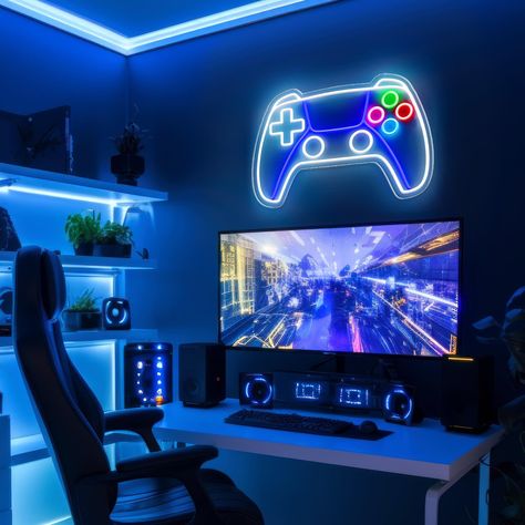 1pc LED Neon Gaming Controller Sign, Adjustable Brightness Blue Light, USB Powered Neon Wall Decor, Ideal For Teen Boys Room Decoration, Game Room, Bedroom Wall, Best Gift For Gamers https://share.temu.com/Rr75Oa8HvCA via @shoptemu Gamer Teen Boy Bedroom, Teen Gaming Bedroom, Teen Boy Gamer Bedroom, Gaming Bedroom Ideas Boys, Boys Gamer Bedroom, Teen Room Decor For Boys, Gamer Bedroom Ideas, Teen Boys Room, Neon Wall Decor