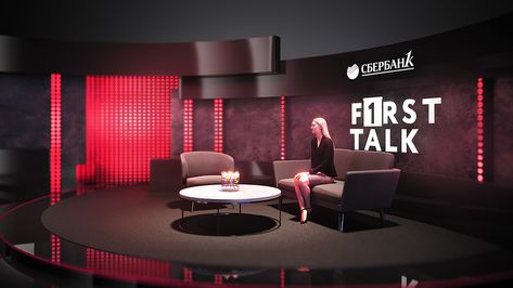 First Talk TV studio for Sberbank CONCEPTS :: Behance Tv Studio Design, Multimedia Room, Podcast Setup, Photography Studio Decor, Video Set, Tv Set Design, Tv Studio, Podcast Studio, Exhibition Stall