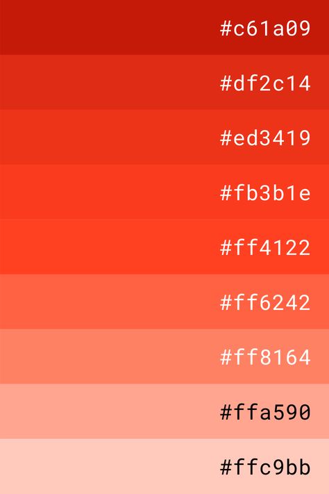 Click on the picture, and you can get color shades and gradients for free. The website is developed by myself. Red color palette with hex codes. #color pallete #color inspiration #red #c61a09 #df2c14 #ed3419 #fb3b1e #ff4122 #ff6242 #ff8164 #ffa590 #ffc9bb Red Pallet Color, Red Shades Colour Palettes, Red Pallete Color, Red Hex Codes, Red Palette Color, Red Color Hex Code, Red Color Hex, Red Color Palettes, Red Pallet