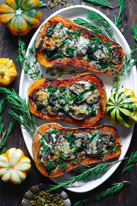 Stuffed Butternut Squash with Spinach, Mushrooms, and Cheese. Butternut Squash With Spinach, Chicken Bakes, Stuffed Butternut Squash, Butternut Squash Spinach, Stuffed Butternut, Spinach And Mushrooms, Baked Butternut Squash, Diner Ideas, Baked Asparagus