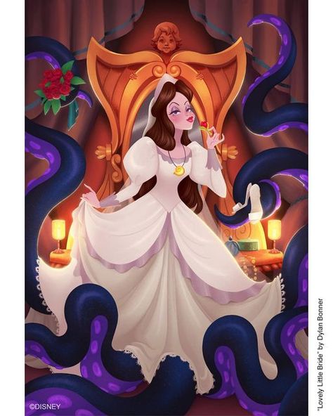 Dylan Bonner on Instagram: "“Lovely Little Bride” is now available in Disney Parks! Ursula is such an iconic villain that she couldn’t be done justice with just one piece. I am SO excited to get to have made a stand-alone Vanessa piece to be sold at Disney Parks. This piece actually started in 2018 when I was stranded at an airport overnight haha I held onto the idea in hopes that I would one day get to complete it for Disney. So I’m especially excited to share this with you! I really wanted to Airport Sketch, Villains Wallpaper, Vanessa Little Mermaid, Dylan Bonner, Animation Book, Fantasy Animation, Anastacia Disney, Evil Disney, Disney Cuties