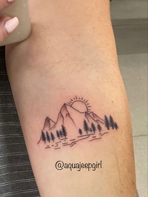 Simple tattoo, mountain and lake tattoo. Pine trees and mountain tattoo Sun And Trees Tattoo, Tree And Lake Tattoo, Sun And Moutain Tattoos, Mountains And Pine Trees Tattoo, Mountain Tattoo With Pine Trees, Simple Tattoos Mountain, Mountain With Lake Tattoo, Mountain And Sun Tattoo Simple, Simple Hiking Tattoo