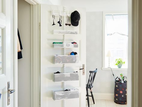 Smart back-of-the-door storage! | Elfa Wardrobe Belt Storage, Over Door Shoe Storage, Hang Hats, Bedroom Bookshelves, Bedroom Organisation, Shoe Storage Unit, Room Bookshelf, Traditional Shelves, Laundry Room Doors