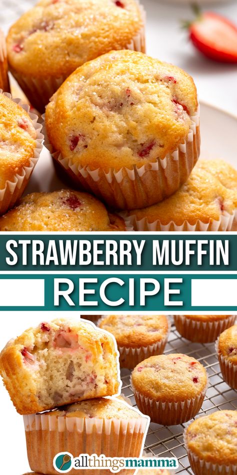 These Easy Strawberry Muffins recipe combines fresh strawberries with vanilla muffin batter and a sprinkled sugar topping for sweet muffins to serve for breakfast or dessert! Muffins With Strawberries, Low Carb Strawberry Muffins, Leftover Strawberry Recipes, Strawberry Mini Muffins, Strawberry Muffins Recipes, Strawberry Breakfast Muffins, What To Do With Strawberries, Strawberries Muffins, Strawberry Muffins Easy