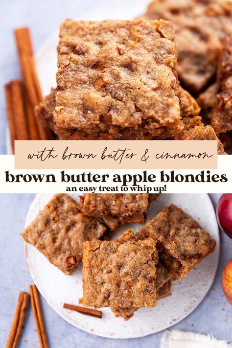 Apple Brown Butter Blondies, Browned Butter Apple Blondies, Apple Pie Blondie Bars, Fall Blondies Recipe, Apple Cinnamon Blondies, Fall Cookie Bars Recipes, Office Dessert Ideas, Fall Bar Recipes, Desserts With Apple Butter