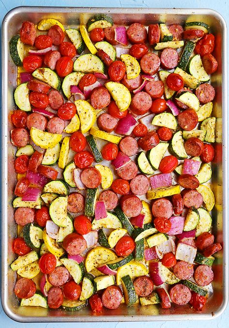 Sausage, Zucchini + Tomato Sheet Pan Dinner – The Comfort of Cooking Sausage And Squash Sheet Pan, Sausage Zucchini Squash Sheet Pan, Italian Sausage Sheet Pan Dinner, Zucchini And Sausage, Sausage And Potatoes Skillet, Zucchini In The Oven, Chopped Steak, Zucchini Tomato, Dinners Recipes