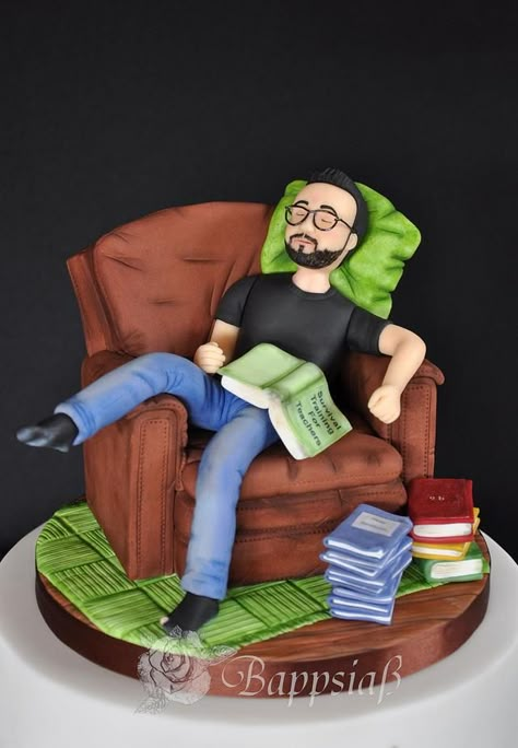 Sofa Cake, Library Cake, Man Sleeping, Teacher Cakes, Book Cakes, Fun Foods, Fondant Figures, Cakes For Men, Cool Birthday Cakes