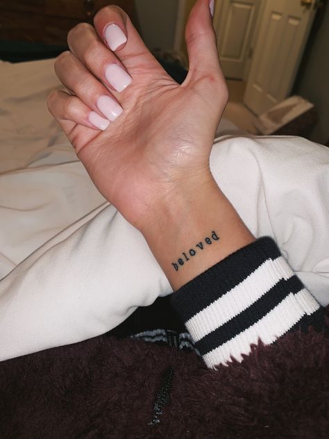 Christian tattoo beloved minimalist Christian Wrist Tattoos, Beloved Tattoo, Insta Tattoo, Bible Tattoos, Christian Tattoo, Tiny Tats, Small Tattoos Simple, Small Wrist Tattoos, Wrist Tattoos For Women