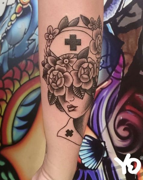 Traditional Nurse Tattoo Black, Old School Medical Tattoo, Traditional Style Nurse Tattoo, Gothic Nurse Tattoo, Old School Nurse Tattoo, Labor Nurse Tattoo, Nurse Skull Tattoo, Medical Tattoo Ideas Nursing, Florence Nightingale Tattoo