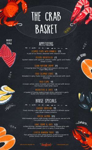 Seafood Menu Ideas, Cafe Menu Template, Tuna Appetizer, Menu Maker, Food Truck Menu, Cafe Menu Design, Diy Menu, Seafood Menu, Crab Shack