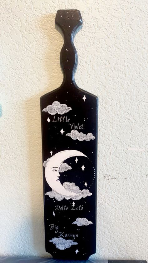 Big little paddle  Moon themed sorority paddle Paddle Ideas Sorority, Big Little Paddles, Paddle Ideas, Sorority Paddles, Sorority Ideas, Sorority Big Little, Craft Night, Paddles, Big Little