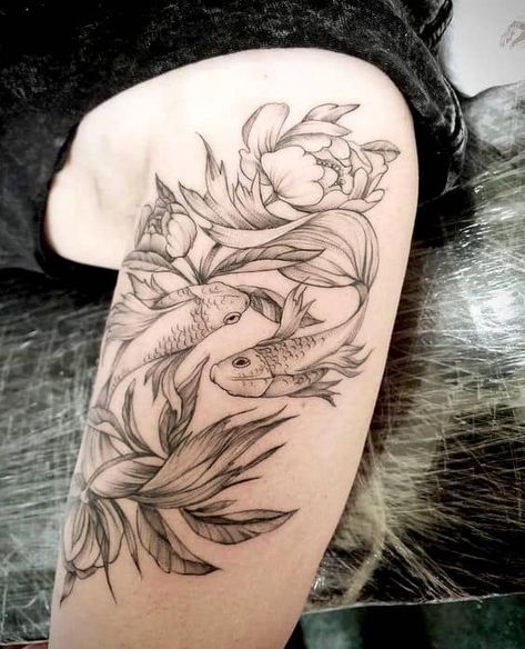 Pisces Tattoo Sleeve, Pisces Fish Tattoos, Pisces Tattoo Designs, Pisces Tattoos, Palm Tattoos, Koi Tattoo, Floral Tattoo Sleeve, Zodiac Tattoos, Thigh Tattoos Women