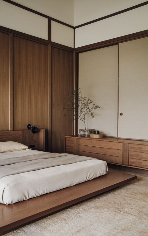 29 Japandi Bedroom Ideas for a Calm and Minimalist Vibe Bedroom Muji, Luxury Scandinavian Interior, Colorful Japandi, Japandi Wardrobe, Dark Japandi, Modern Japanese Bedroom, Zen Bedroom Decor, Scandinavian Interior Bedroom, Japandi Bedroom Ideas