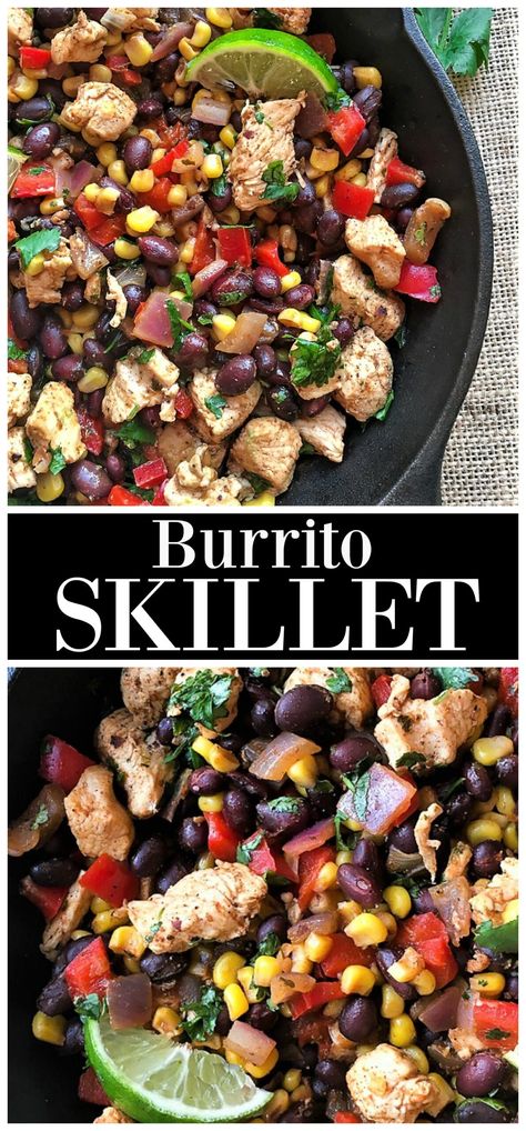 Burrito Chicken, Burrito Skillet, Healthy Skillet Meals, Low Carb Shrimp, Black Bean Burrito, Bean Burrito, Skillet Dinner Recipes, Chicken Burrito, One Skillet Meals