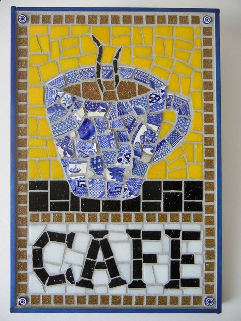 Mosaic Cafe sign with coffee cup         #mosaic #coffeemosaic Mosaic Tray, Cafe Sign, Mosaic Art Projects, Mosaic Madness, Mosaic Ideas, Mosaic Artwork, Mosaic Garden, Cafe Coffee, Mosaic Projects