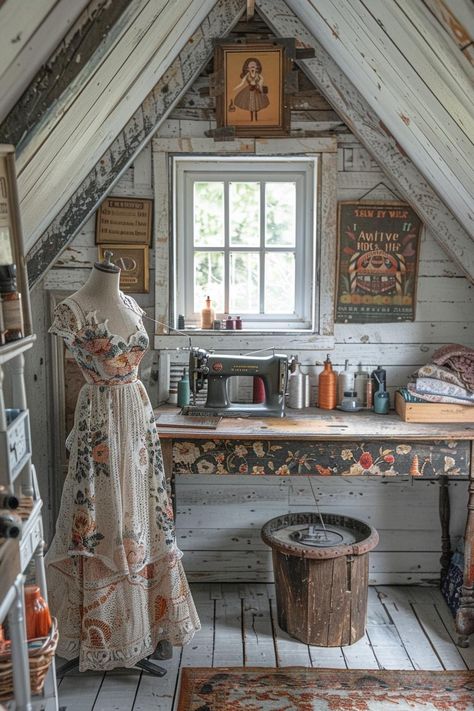 Cottage Art Studio, Cottage Core Craft Room, Cottage Core Art Studio, Cottage Craft Room, Cottagecore She Shed Interior, Sewing Room Dark Academia, Vintage Sewing Rooms Cottage, Cottagecore Rooms, Seamstress Studio