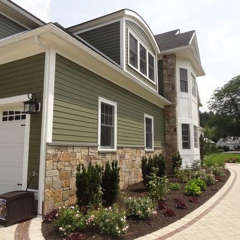 Combining Colonial Tan Natural Stone with Olive Green Siding - traditional - Exterior - Boston - Stoneyard.com Stone And Green Siding House Exterior, Half Stone Exterior Houses, Olive Green Exterior House Colors Paint, Exterior Paint Colors With Stone, Green Siding With Stone, Green House With Stone, Olive House Exterior, Exterior House Green, Olive Green Siding