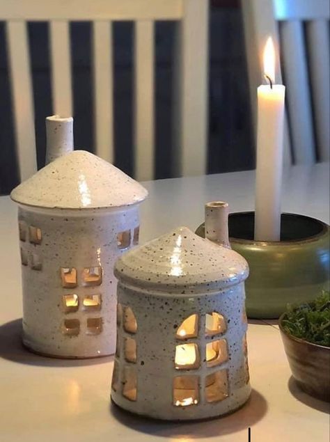 Luminaries Ceramic Ideas, Ceramic Candle Holders Ideas, Ceramic Luminary, Holiday Pottery, Clay Candle Holders, Ceramic Christmas Decorations, Clay Candle, Beginner Pottery, Pottery Houses