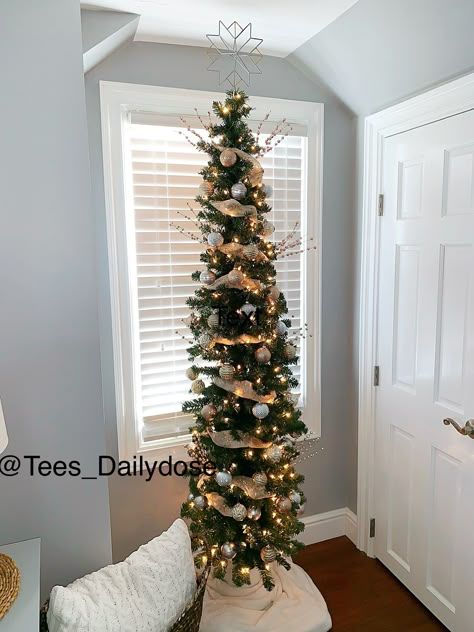 Christmas Tree Apartment, Pencil Tree Decorating Ideas, Small Apartment Christmas Tree, Pencil Trees Decorating Ideas, Neutral Christmas Tree Decor, Narrow Christmas Tree, Christmas Tree Slim, Bedroom Tree, Neutral Christmas Tree