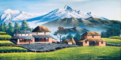 Village In Mountains, Wallpaper 1080p, Painting 101, Drawing Competition, Canvas Art Ideas, Photo Walls, Male Teacher, School Painting, Colour Wheel