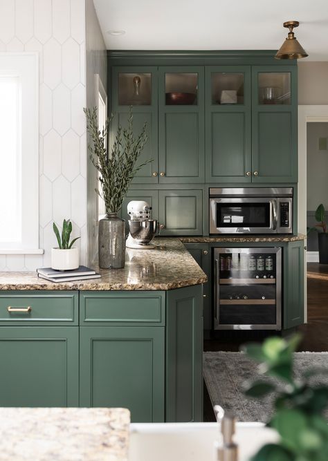 Cushing Green, Green Kitchen Cabinets Stone Backsplash, Green Kitchen Cabinets Marble Backsplash, Green Pictures, Bath Girls, Cabinet Paint Colors, Green Photo, Transitional Kitchen, Cabinet Colors