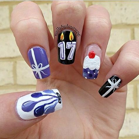 17th Birthday Nail Ideas, Happy Birthday Nails Designs, Happy Birthday Nail Art, 17 Birthday Nails, 17th Birthday Nails, Birthday Nail Art Designs, Nail Bts, Happy Birthday Nails, Birthday Cake Nails