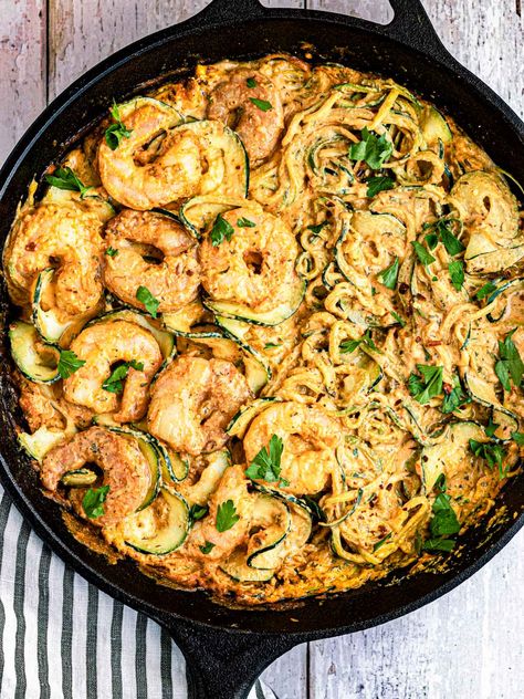 One pan Mediterranean shrimp and zoodles are amazing! Bursting with a rich blend of Mediterranean spices, they're sure to please all! #mediterraneanshrimpandzoodles #shrimp #zoodles Shrimp Zucchini Recipes, Shrimp Zoodles, Mediterranean Shrimp, Carb Quick, Shrimp Zucchini, Mediterranean Recipes Healthy, Supper Tonight, Mediterranean Spices, Zoodle Recipes