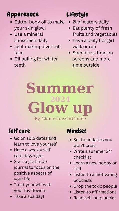 Glow Up Project List, Glow Up Tips Over Summer, 40 Glow Up, Glow Up Summer Routine, How To Summer Glow Up, How To Have The Best Glow Up, September Glow Up Challenge, Summer Glow Up Tips For School, Glow Uo 2024