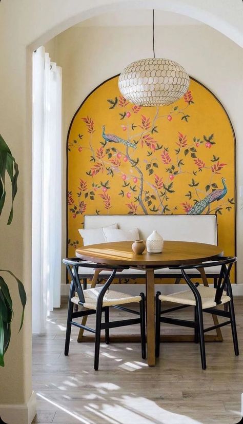 Dining Room Wallpaper, Dining Nook, Indian Home, Indian Home Decor, House Interior Decor, Living Room Makeover, Mellow Yellow, Dining Room Design, Decor Interior Design