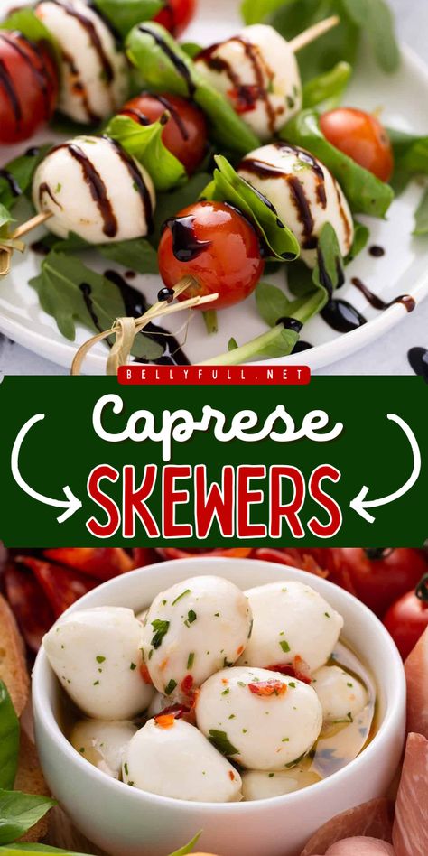 Whip up these delightful Caprese Skewers for an easy spring recipe or a yummy summer appetizer! These little skewers are packed with classic flavors from mozzarella balls, cherry tomatoes, and basil leaves, drizzled with balsamic glaze. Nobody can ever resist this finger food on a stick! Watermelon Mozzarella Skewers, Cherry Tomato Mozzarella Skewers, Caprese On A Stick, Cherry Tomatoes And Mozzarella Balls, Caprice Skewers, Mini Mozzarella Ball Recipes, Mozzarella Balls Appetizers, Caprese Skewers Appetizers, Mozzarella Balls And Cherry Tomatoes