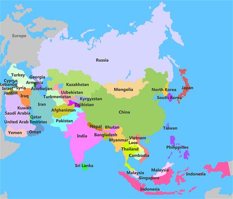 Map of Asia.  Former name of Thailand was Siam, former name of Myanmar was Burma, former name of Sri Lanka was Ceylon.  The old and new names match up if you put both in alphabetical order. Peta Asia, Map Of Asia, Philippines Beaches, Asia Continent, Countries And Flags, World Map Decor, Asia Map, Travel Words, Map Of The World