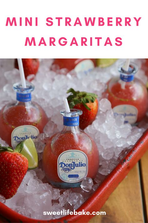 Fresh strawberry margaritas are the hit of the party served in mini Don Julio bottles! #margaritas #strawberrymargarita #strawberryseason #sweetlifebake #sweetlife #sweetliferecipes | sweetlifebake.com @sweetlifebake Strawberry Margaritas, Perfect Margarita, Strawberry Margarita, Tequila Bottles, Boozy Drinks, Alcohol Drink Recipes, Drinks Alcohol Recipes, Alcohol Recipes, Party Drinks