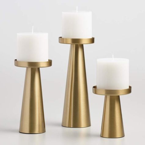 Cost Plus World Market Brushed Gold Metal Contemporary Pillar Candleholder Gold Pillar Candle Holders, Gold Pillar Candles, Stable Style, Modern Candle, Modern Candle Holders, Gold Candle Holders, Pillar Candle Holder, White Candle, Wood Candle Holders