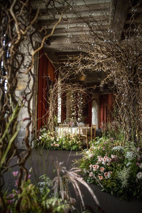 Curly Willow Installation, Woodland Floral Installation, Tree Installation Wedding, Thomas Alexander, White Astilbe, Curly Willow Branches, Tree Installation, Leeds Castle, Peach Tones