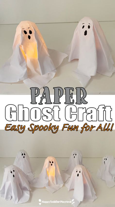 Easy Paper Ghost Craft Paper Ghosts Craft, Paper Ghosts Diy, Diy Paper Ghost, Tissue Paper Ghost Craft, Ghost Toilet Paper Roll, 3d Ghost Craft, Toilet Paper Ghosts, Ghost Paper Craft, Paper Ghost