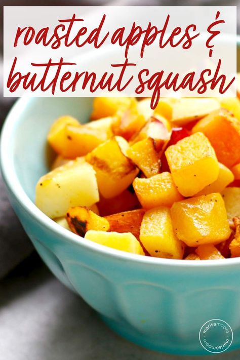 This easy roasted butternut squash and apple recipe is a simple, slightly sweet fall side dish the entire family will love! This kid-friendly recipe is made on one sheet pan and ready in minutes. #veganrecipes #apples #healthyrecipes Butternut Squash And Apples, Oven Roasted Butternut Squash, Butternut Squash Cinnamon, Butternut Squash Apple, Apples Cinnamon, Roasted Apples, Butternut Squash Recipes, Roasted Squash, Roasted Butternut Squash