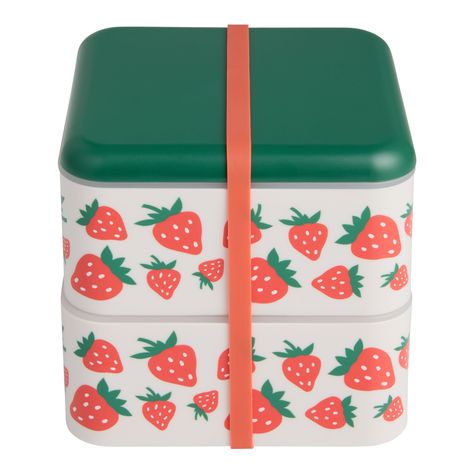 Studio Oh! Strawberries 2 Layer Bento Box with Utensils - World Market Cute Tupperware, Strawberry Gift Ideas, Strawberry Artwork, Cute Bento Boxes, Cute Lunch Boxes, Coconut Bowls, Palm Leaf Plates, Cute Bento, Cool Lunch Boxes