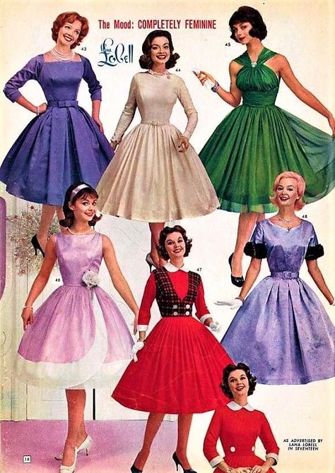 c. 1960. Lana Lobell dresses as advertised in Seventeen magazine. Early 60s Fashion, 1950 Dress, 60s Vintage Fashion, Decades Fashion, 1960s Dresses, 1950’s Fashion, 1950 Fashion, Vintage Fashion 1950s, Retro Looks