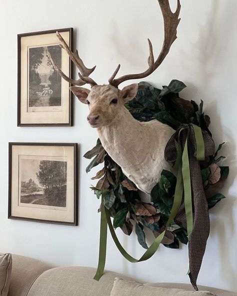 leslie nelson on Instagram: "So, I did a thing…..something I NEVER thought I’d do. EVER. I don’t have big animals in my Christmas decor totes. I “needed” one for this years decking of the halls. I know a guy. I knew my friends @shanwest00 & @stickflipper would know which direction I should go. When I text them to ask where I could buy, rent, beg, borrow, or steal a dead head, they said they had exactly what I needed and would deliver him that day. And they did. ♥️🦌♥️ When I asked if the dee Deer Mount Christmas Decor, Deer Head Christmas Decor, Deer Head Decor Christmas, Mounted Deer Head Decor, Christmas Decir, Christmas Cabin Decor, Decorating With Antlers, Deer Head Decor, Reindeer Statue