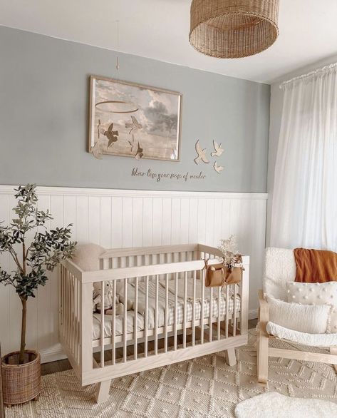 gender neutral nursery ideas Wall Panels Nursery, Neutral Nursery With Panelling, Half Wall Nursery Ideas, Teal Green Nursery, Vertical Shiplap Wall Nursery, Shiplap Wall In Nursery, Shiplap In Nursery, Bead Board Wall Nursery, Panelled Wall Nursery