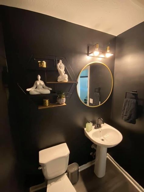 Black And Gold Washroom Ideas, Fun Half Bathroom Ideas Modern, Black Restroom Decor, Black And Grey Restroom Ideas, Small Black Powder Room Ideas, Black Bathroom Wall Ideas, Black And Gold Small Bathroom, Black Wall Bathroom Small Spaces, Black Walls Bathroom