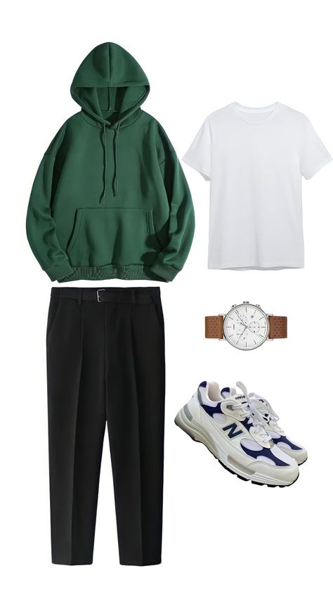 Outfit Ideas for Men Dark Green Outfit Men, Green Hoodie Outfit Men, Hoodie Layering Outfit, Green Jacket Outfit Men, Emerald Green Outfit Ideas, Outfit For New Year, Pine Green Outfit, Men Fashion Korean, Green Blouse Outfit