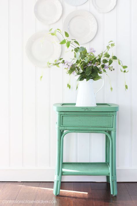 Side table painted in Kudzu by Dixie Belle Secretary Desk Makeover, Painted Side Table, Repurposed Headboard, Painted Side Tables, Styling Shelves, Desk Makeover, Drum Table, Amazing Friends, Dixie Belle Paint