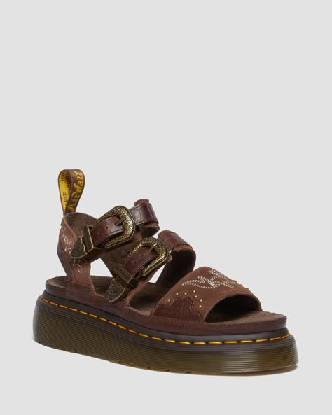 Gryphon Gothic Americana Leather Platform Sandals, Dark Brown | Dr. Martens Brown Chunky Sandals, Dr Martens Clogs Outfit, Brown Sandals Outfit, Aesthetic Sandals, Doc Martens Sandals, Platform Sandals Outfit, Gothic Americana, Festival Sandals, Brown Dr Martens